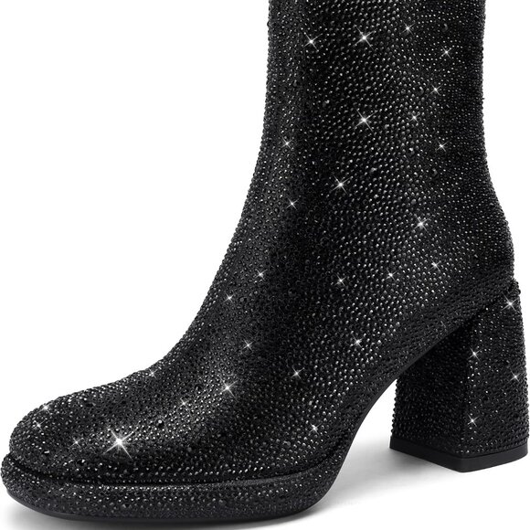 Women Rhinestone Boots Chunky Block Heel Glitter Platform Ankle Shoes - Picture 1 of 5
